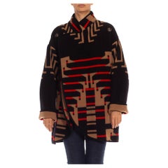 1980S Beige Black & Red Wool/Cotton Staple Geometric Coat