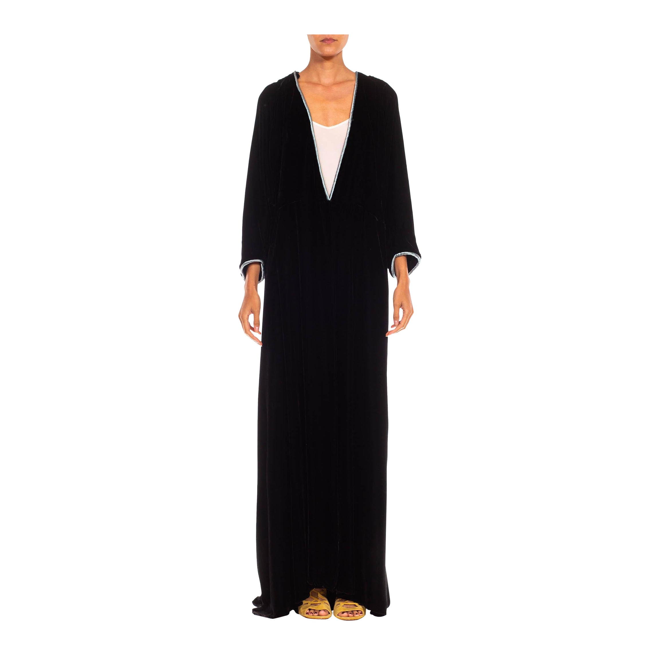 1930S Black & Aqua Trim Silk/Rayon Velvet Robe For Sale