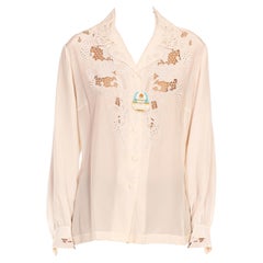 1970S Ivory Hand Embroidered Silk Top