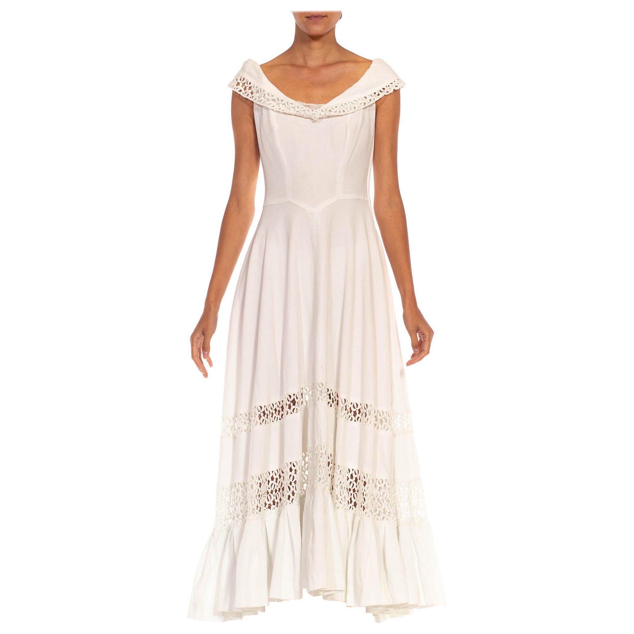 1940S White Cotton Piqué Off Shoulder Dress For Sale