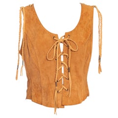 Vintage 1980S Tan Suede Front Lace Up Corset Style Top