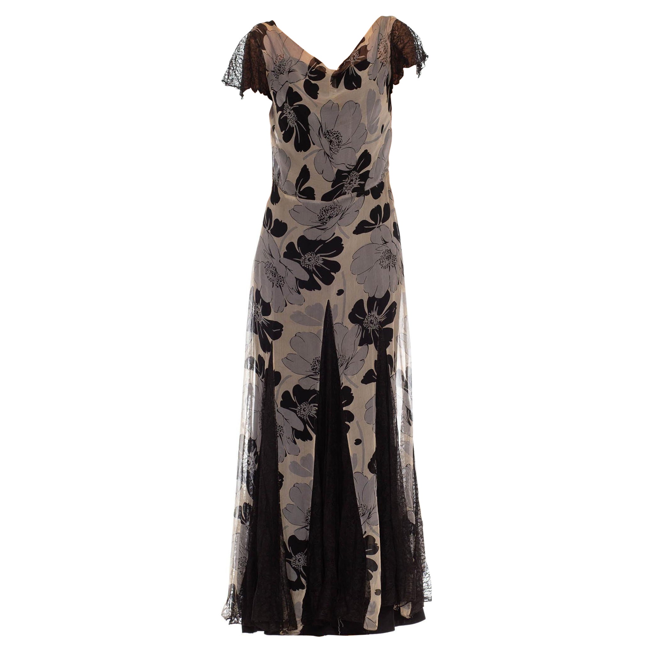 1930S Grey & Black Silk Chiffon Floral Dress For Sale