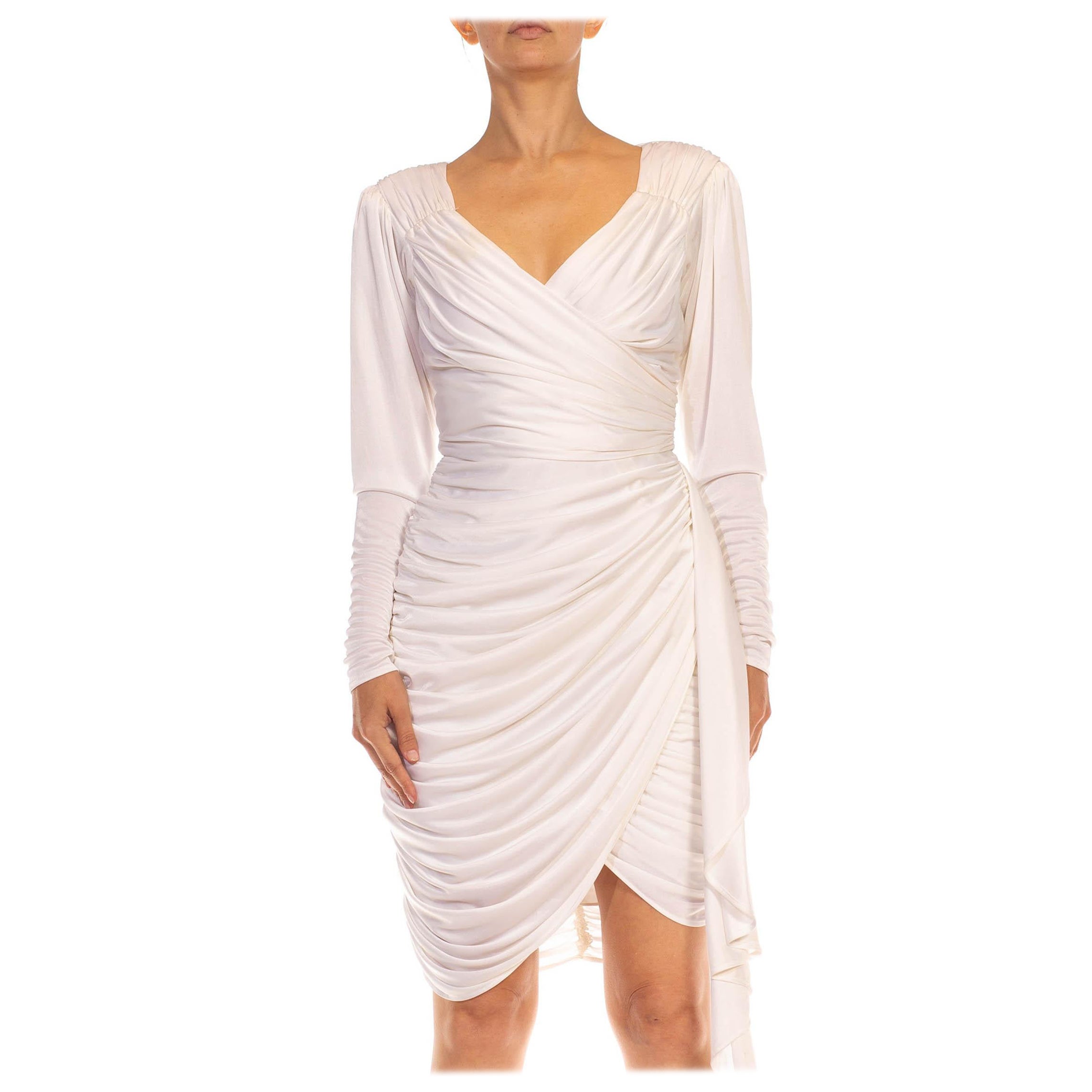 1980S White Acetate Blend Jersey Runched Dress With Long Sleeves