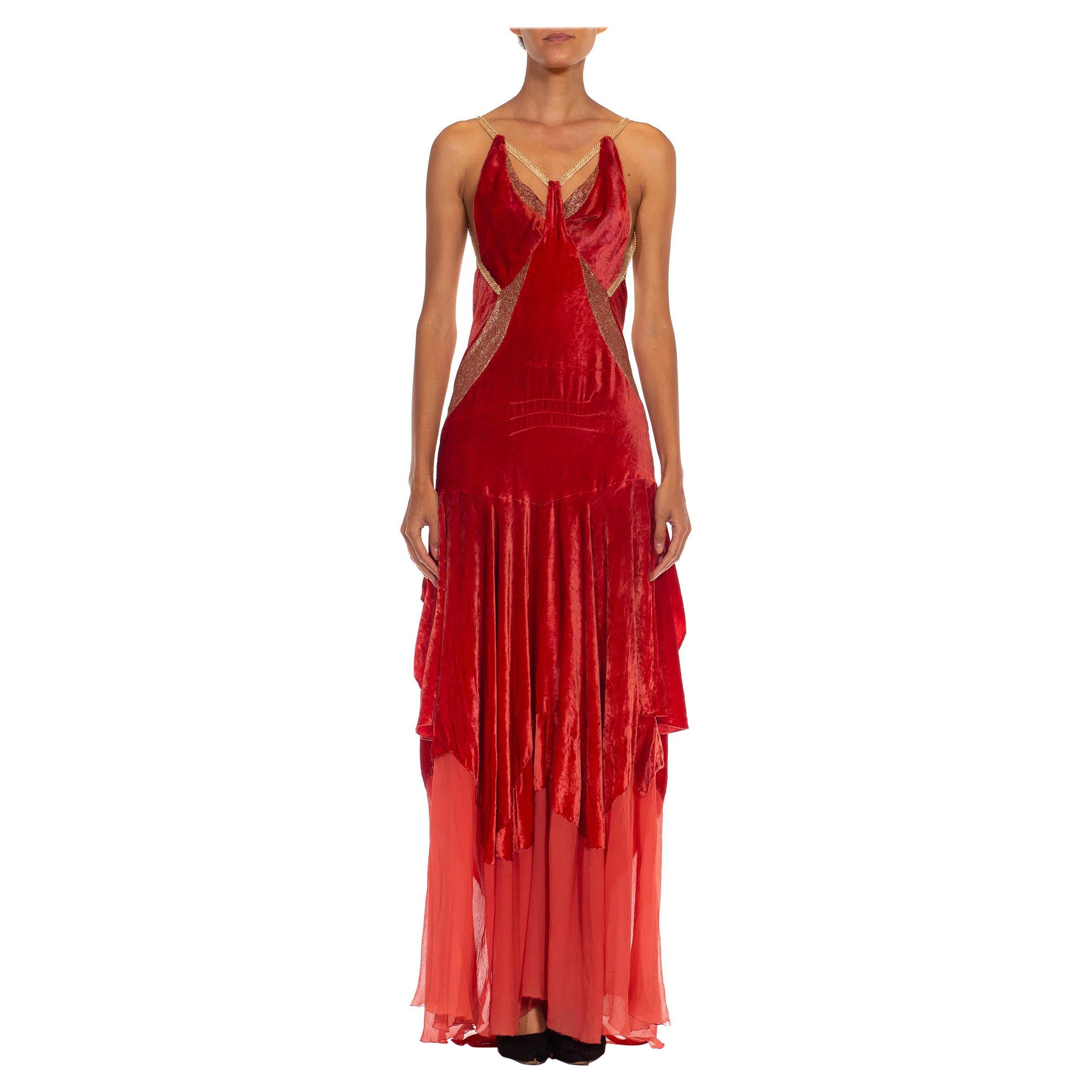 MORPHEW COLLECTION Tomato Red & Gold Antique 1920'S Silk Velvet Backless Gown For Sale