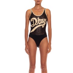 1990S DONNA KARAN DKNY Black & Cream Cotton/Nylon Sequin Logo Bodysuit