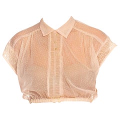 Vintage 1950S Blush Pink Dupont Nylon Mesh Shirred Trim Cropped Blouse