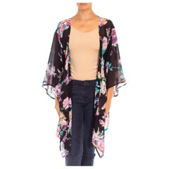 Abito anni '80 in chiffon rayon nero e viola, floreale Spolverino