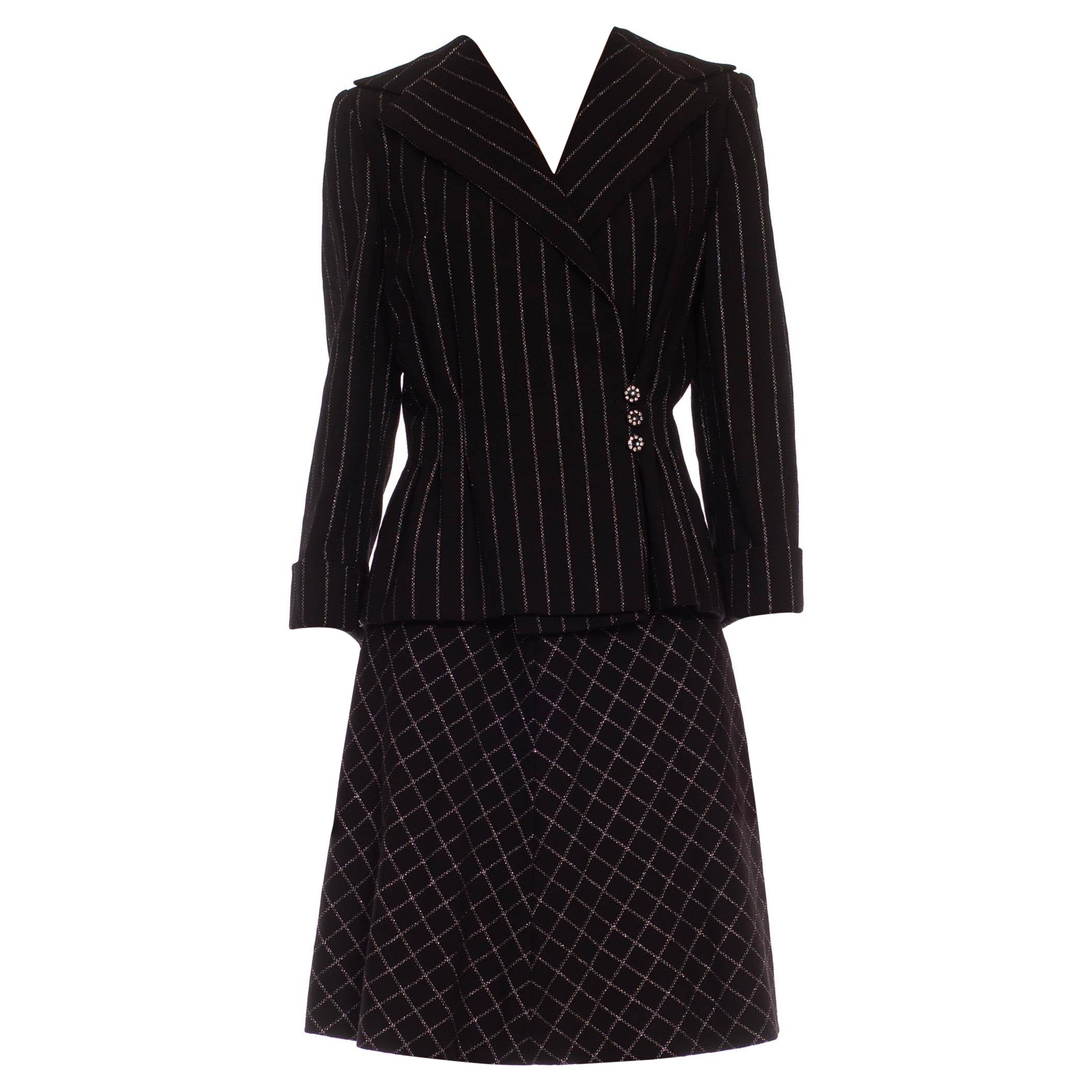 1970S PAULINE TRIGERE Black Silver Lamé Bias Skirt Suit With Silk Lining For Sale