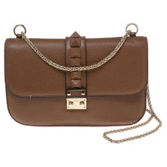 Valentino Brown Leather Medium Rockstud Glam Lock Flap Bag