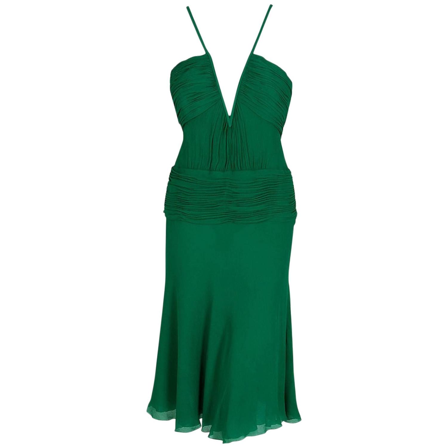 1990's Gianni Versace Emerald-Green Pleated Silk Chiffon Plunge ...