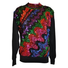 Festive Multicolor "Sequined Confetti" Front Crewneck Black Pullover Sweater
