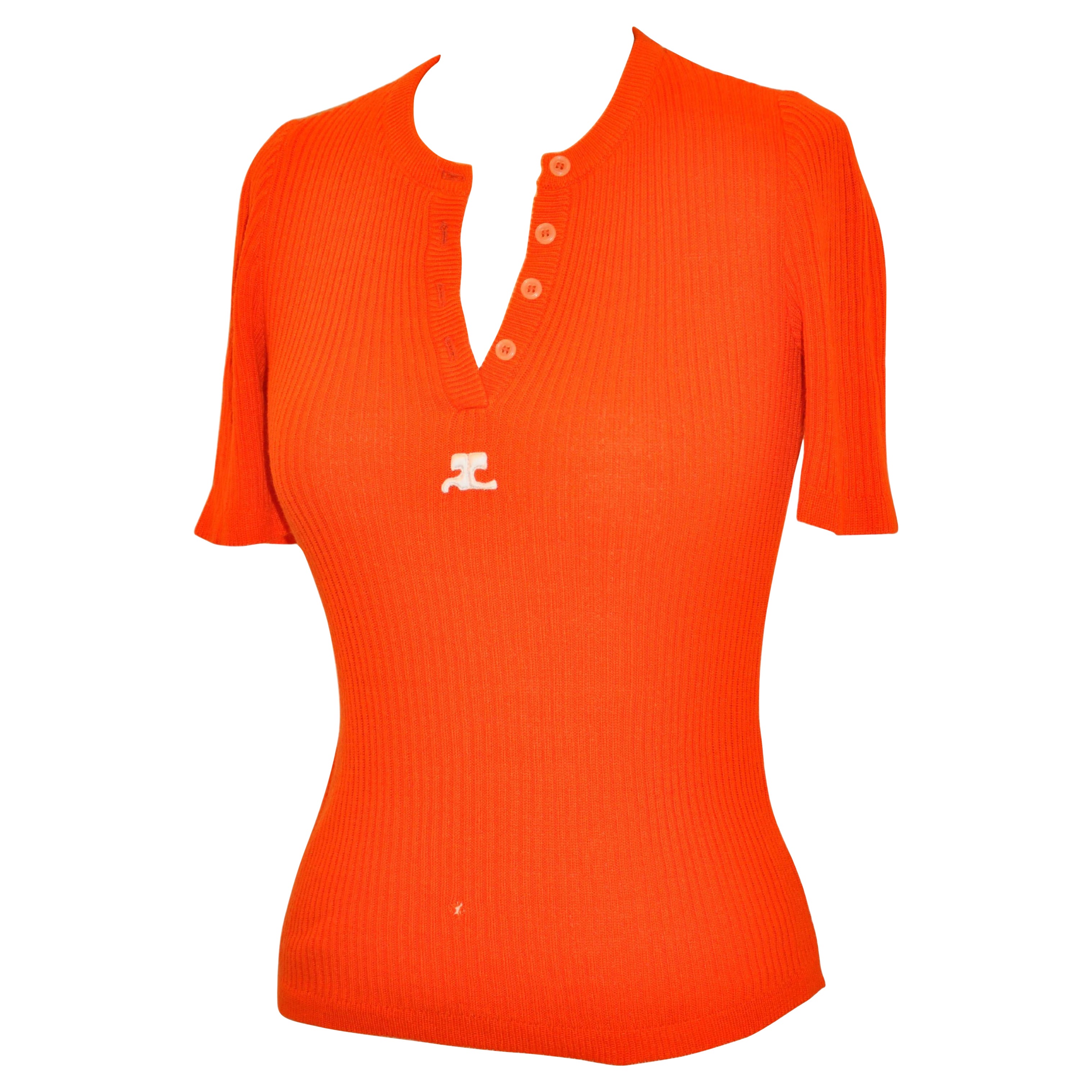 Courreges Bold Tangerine with Signature Logo Patch Cotton-Blend Knitted Tee For Sale