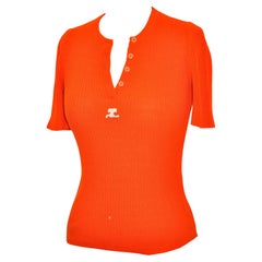 Courreges Bold Tangerine with Signature Logo Patch Cotton-Blend Knitted Tee
