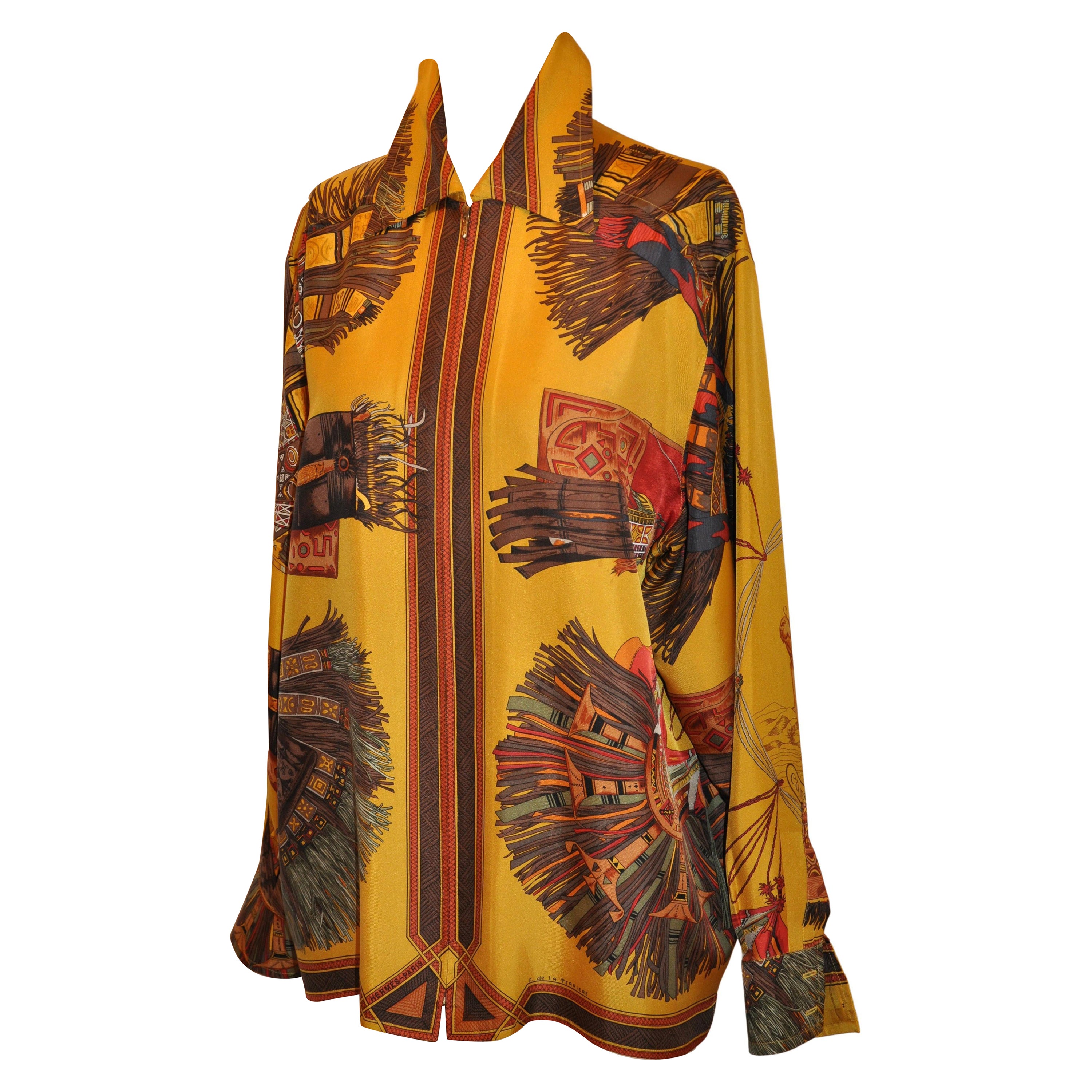 Hermes Rare "Limited Edition" "Cuirs Du Desert" Zippered Silk Jacquard Shirt For Sale