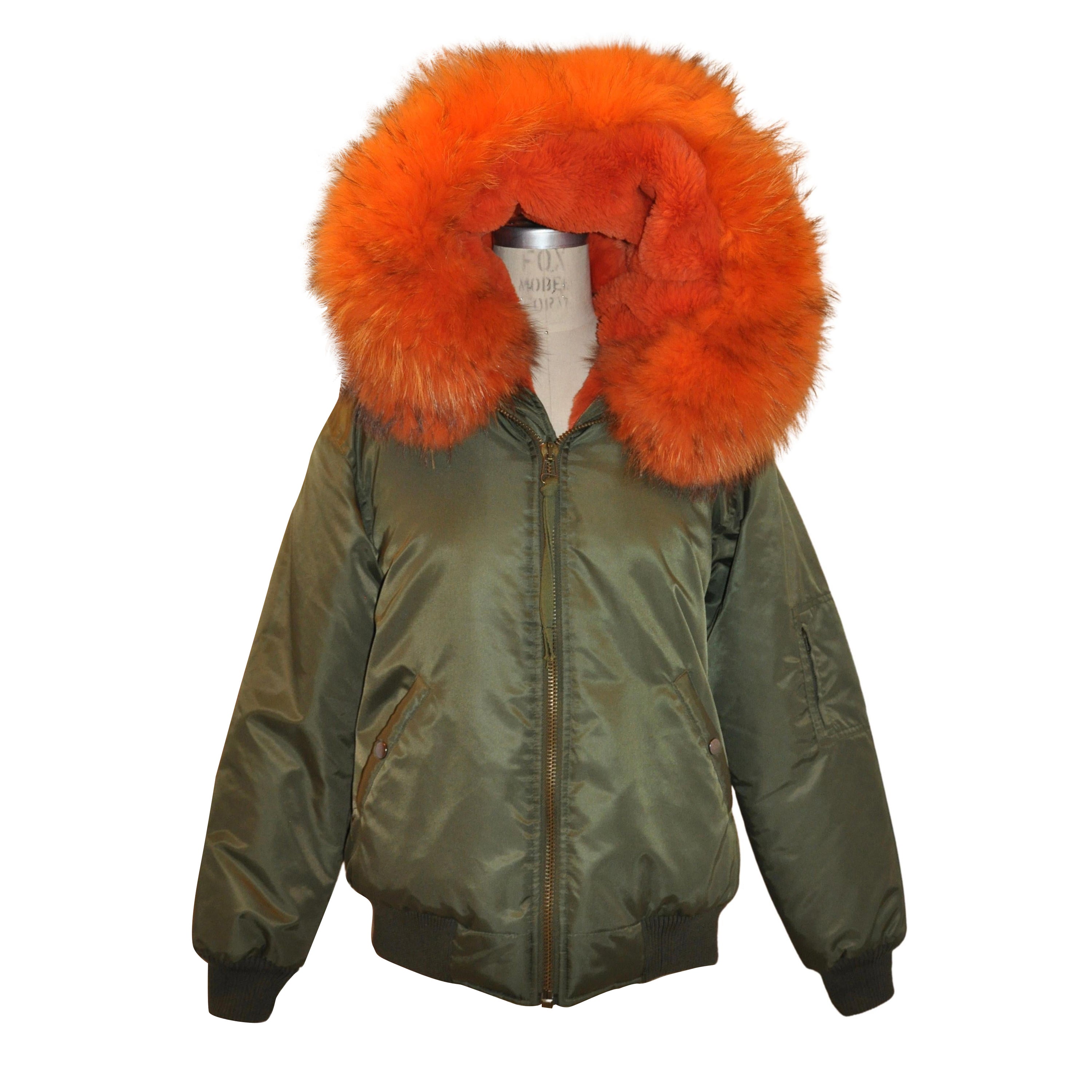 Olive Green Fully Lined with Tangerine Fox and Sheared Mink Hooded Zipper Jacket For Sale