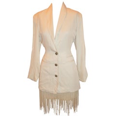 Rare Ozbek Whimsical Cream Silk Fringed Mini-Skirt & Blazer Ensemble