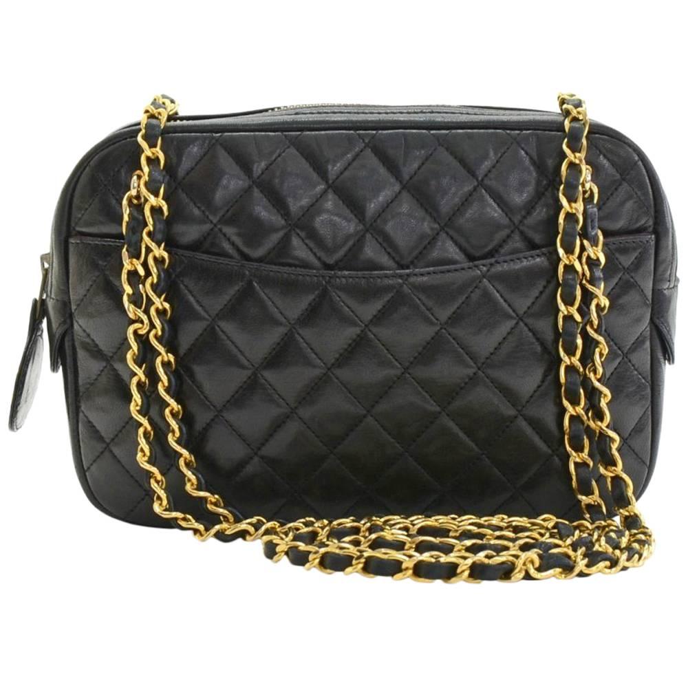 Chanel Vintage Black Quilted Lambskin Gold Chain Hardware Camera Shoulder Bag