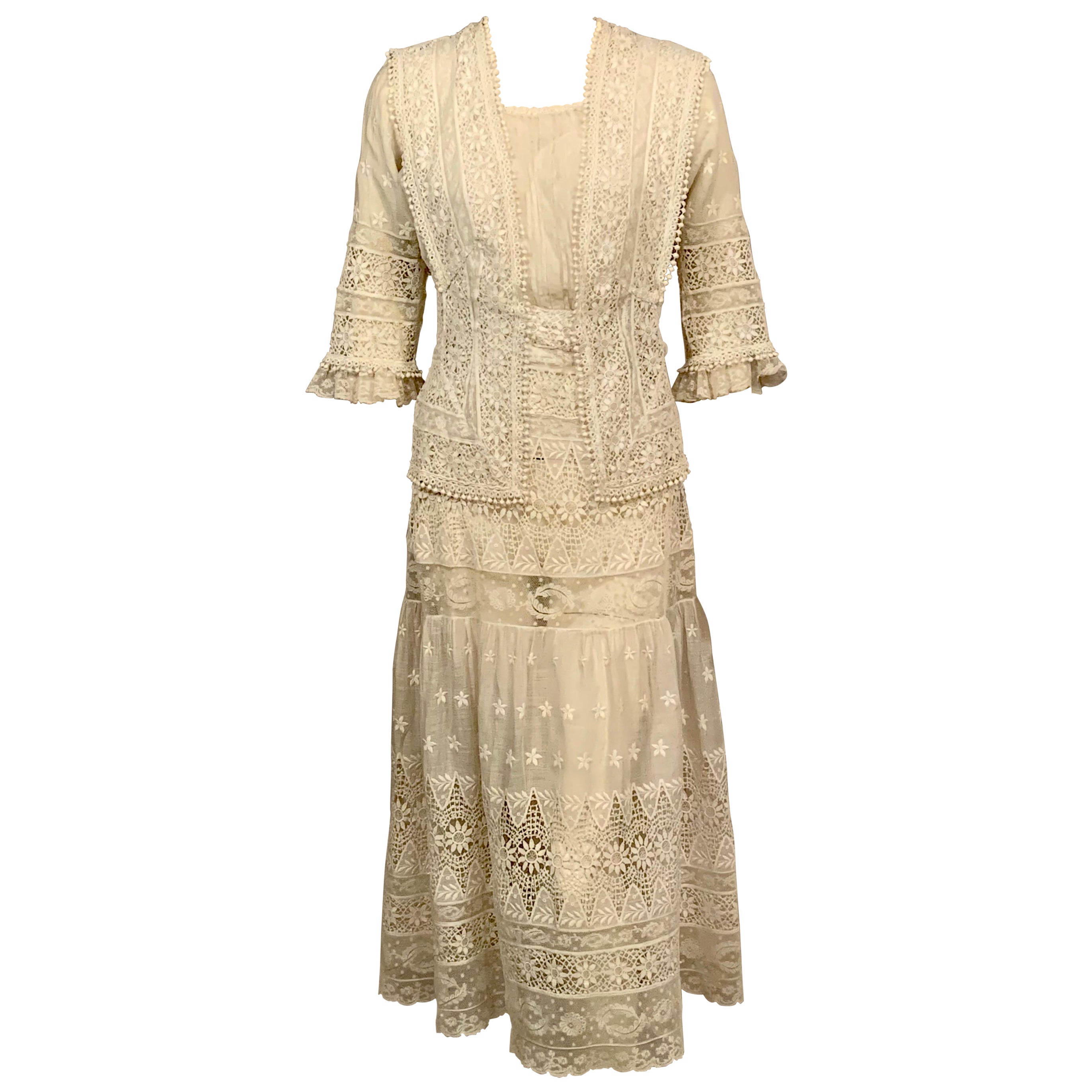 Vintage Edwardian Embroidered Linen and Lace White Dress