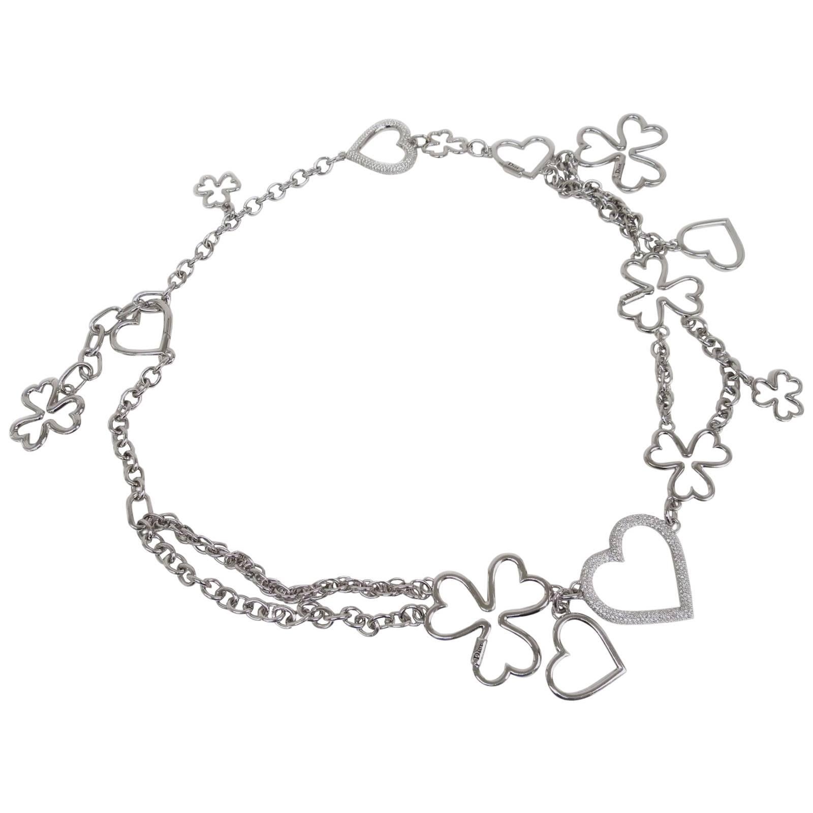Dior Silver Crystal Rhinestone Heart Charm Chain Link Waist Belt in Box