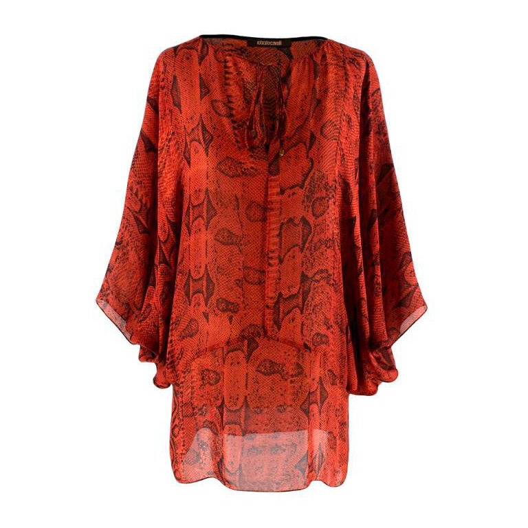 Roberto Cavalli Red Silk Snake Print Peasant Blouse For Sale