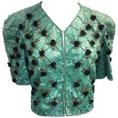 1980s Carolina Herrera Sea Foam Bead and Sequin Encrusted Bolero w/ Resin Roses 5