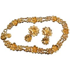 Vintage Sonia Rykiel Bijoux golden flower statement necklace and earrings set