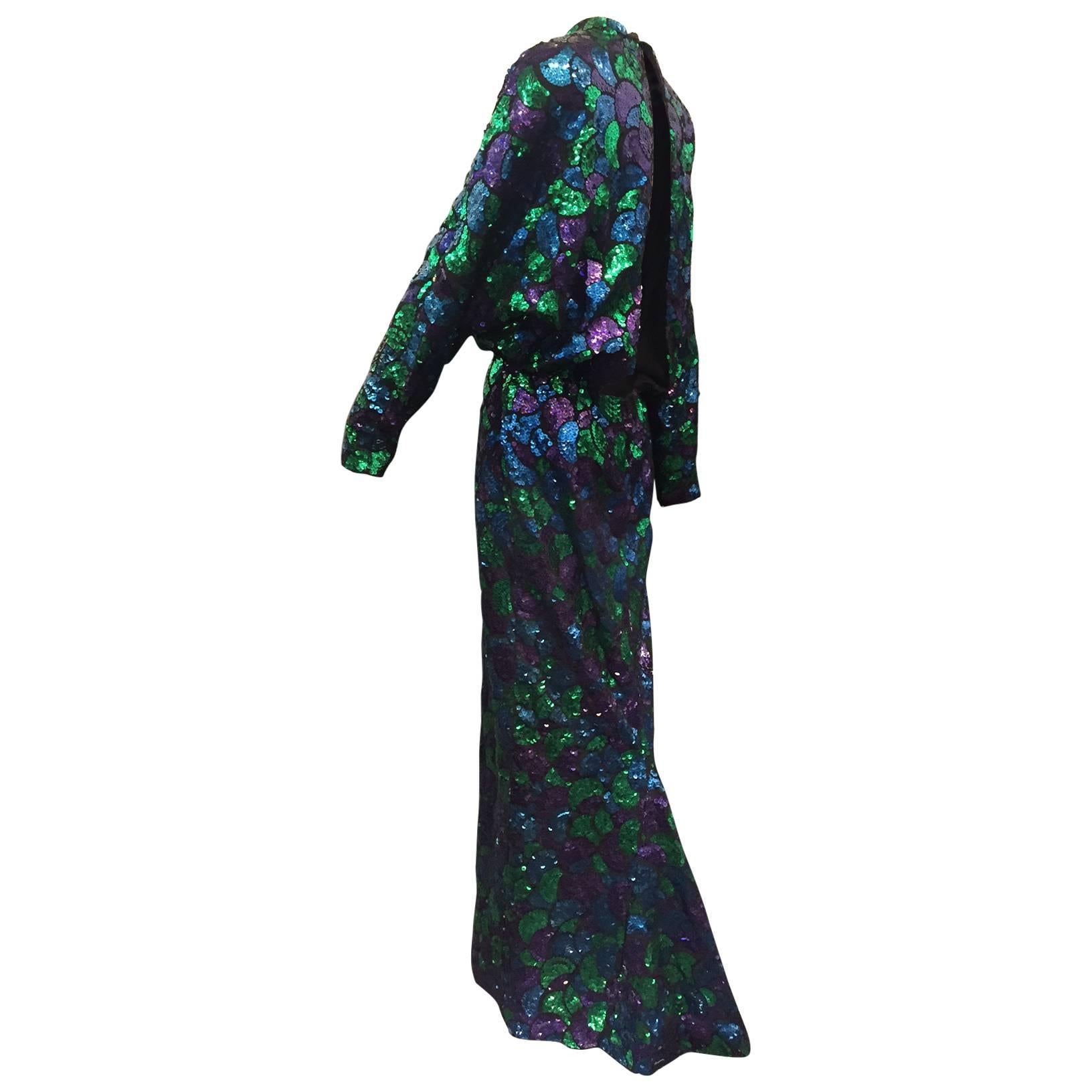 1980s Travilla Deep Plunging "Stained Glass" Patterned FishTail Sequin Gown