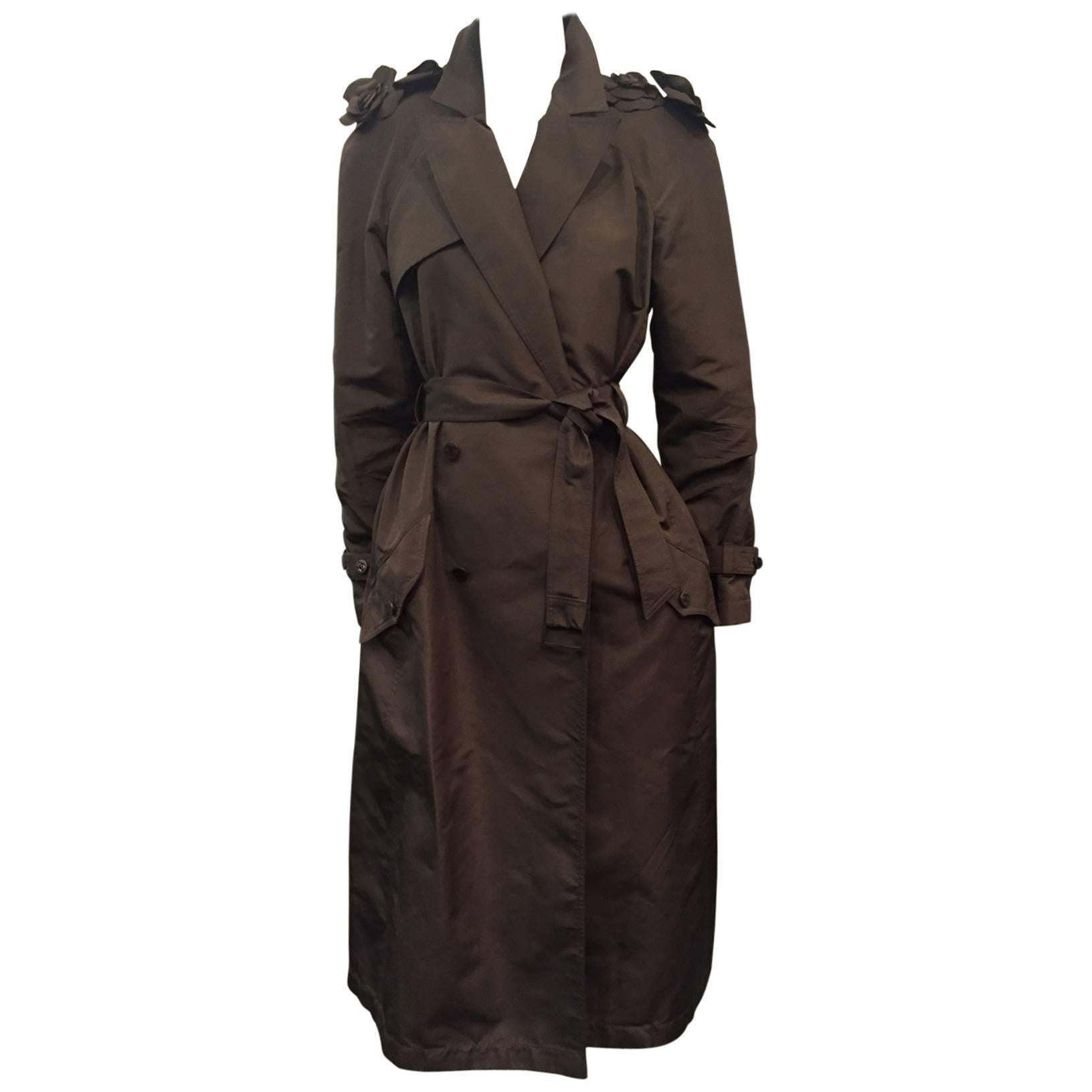 1993 Chanel Chocolate Brown Silk Trench Coat w/ Signature Camellia Epaulets 