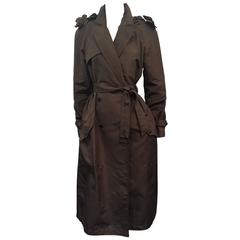 1993 Chanel Chocolate Brown Silk Trench Coat w/ Signature Camellia Epaulets 