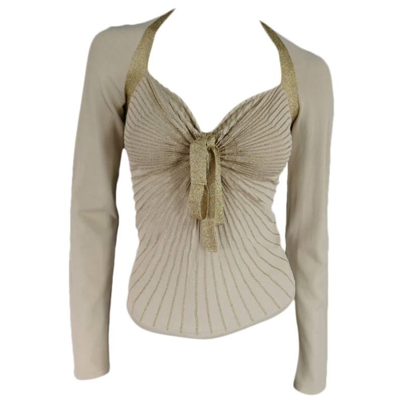 VALENTINO Size M Beige & Metallic Gold Lurex Sweetheart Tie Dress Top