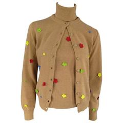 D&G Size S Tan Wool Blend Floral Applique Cardigan Turtleneck Sweater Set