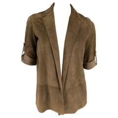 CELINE Size 4 Brown Suede Notch Lapel Rolled Sleeve Open Jacket