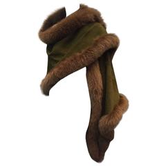 Oscar de La Renta Olive Green Suede and Brown Fox Fur Wrap 