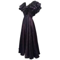 1980s Oscar de La Renta Aubergine Jacquard "Antebellum" Style Ruffled Gown