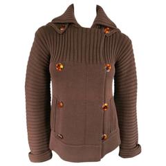GUCCI Size XS Brown Ribbed Cotton Sweater Detachable Hood Jacket