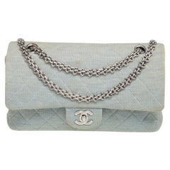 Chanel Light Blue Quilted Jersey Medium Classic Double Flap Bag