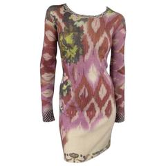 ETRO 4 Beige Red Pink & Green Floral Ikat Print Wool / Cashmere Sweater Dress