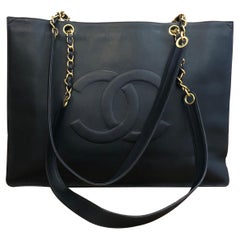 1990s CHANEL Black Calf Leather Jumbo Chain Tote Bag