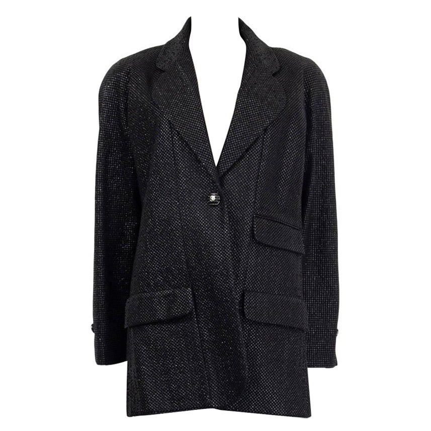 CHANEL black viscose SHIMMER SINGLE BUTTON Blazer Jacket 46 XXL