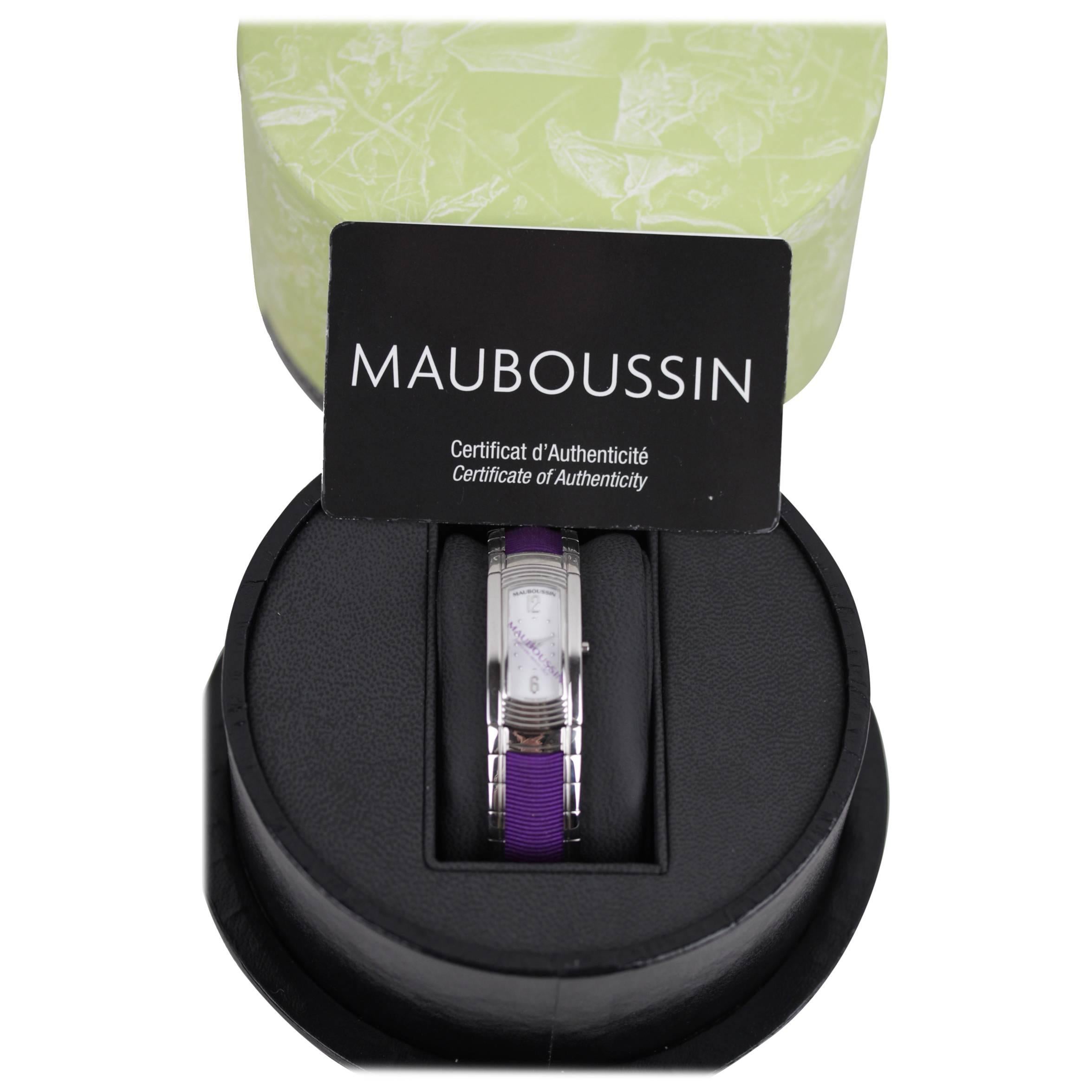 MAUBOUSSIN Stainless Steel LADY M WRIST WATCH Purple GrosGrain Bracelet w/ BOX