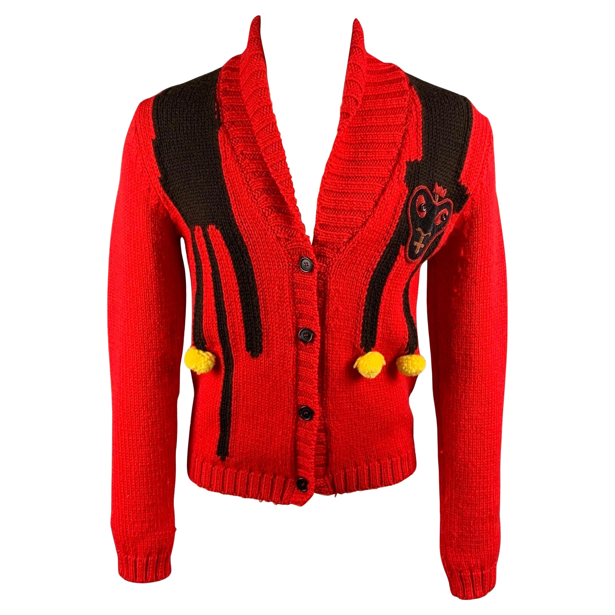 WALTER VAN BEIRENDONCK Size S Red and Yellow Knitted Wool Face Patch  Cardigan For Sale at 1stDibs