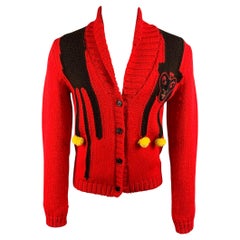 WALTER VAN BEIRENDONCK Size S Red & Yellow Knitted Wool Face Patch Cardigan