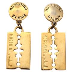 Vintage Moschino by Redwall 80s Gold Razor Blade Clip On Earrings.