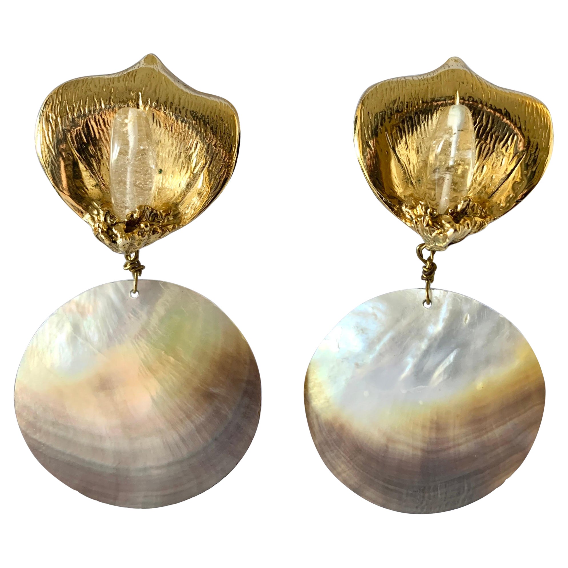 Carved Cala Lily Rock Crystal and Shell Statement Earrings  For Sale