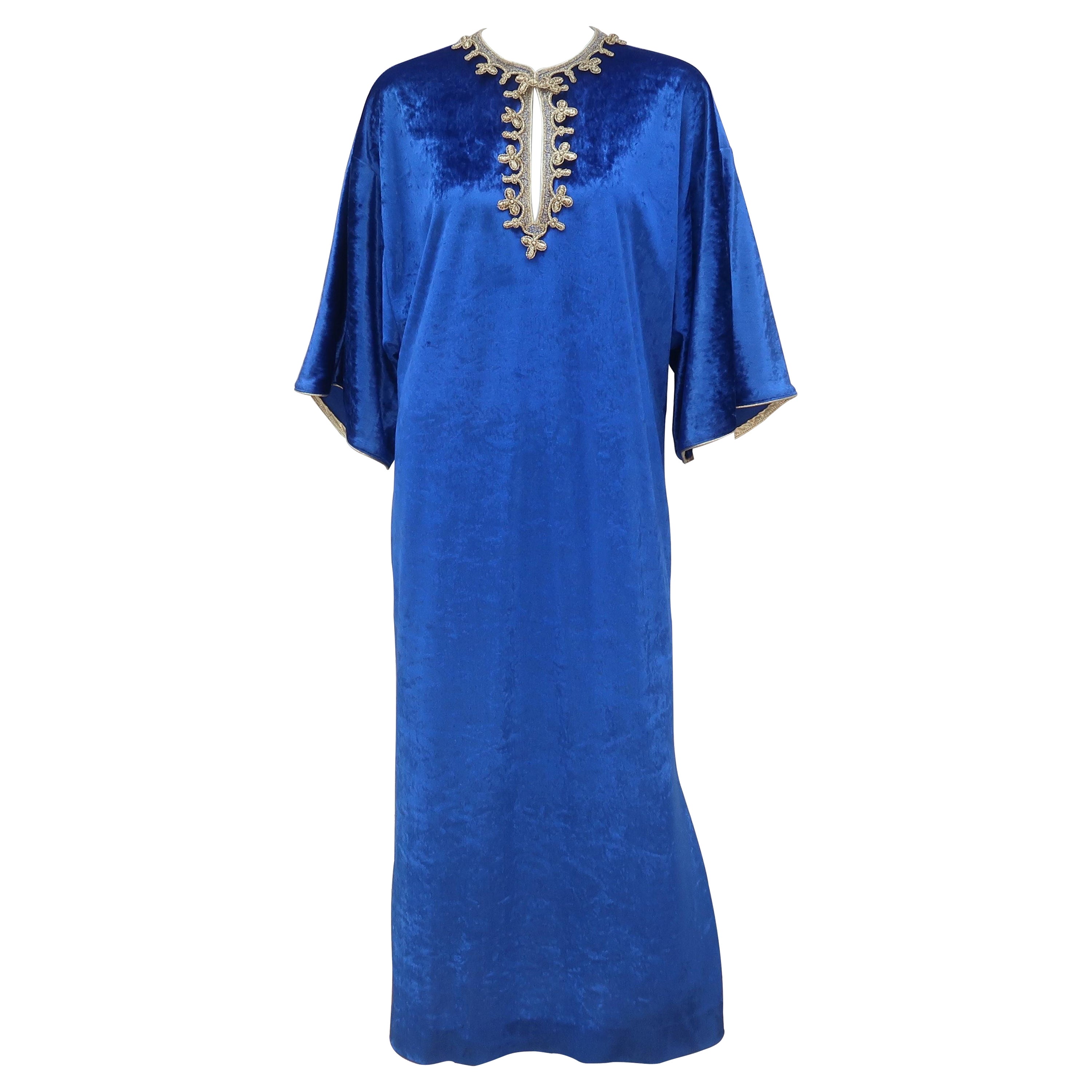 Oscar de La Renta Royal Blue Velvet Caftan Dress With Gold Trim, 1980's