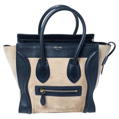 Celine Beige/Navy Blue Suede and Leather Micro Luggage Tote