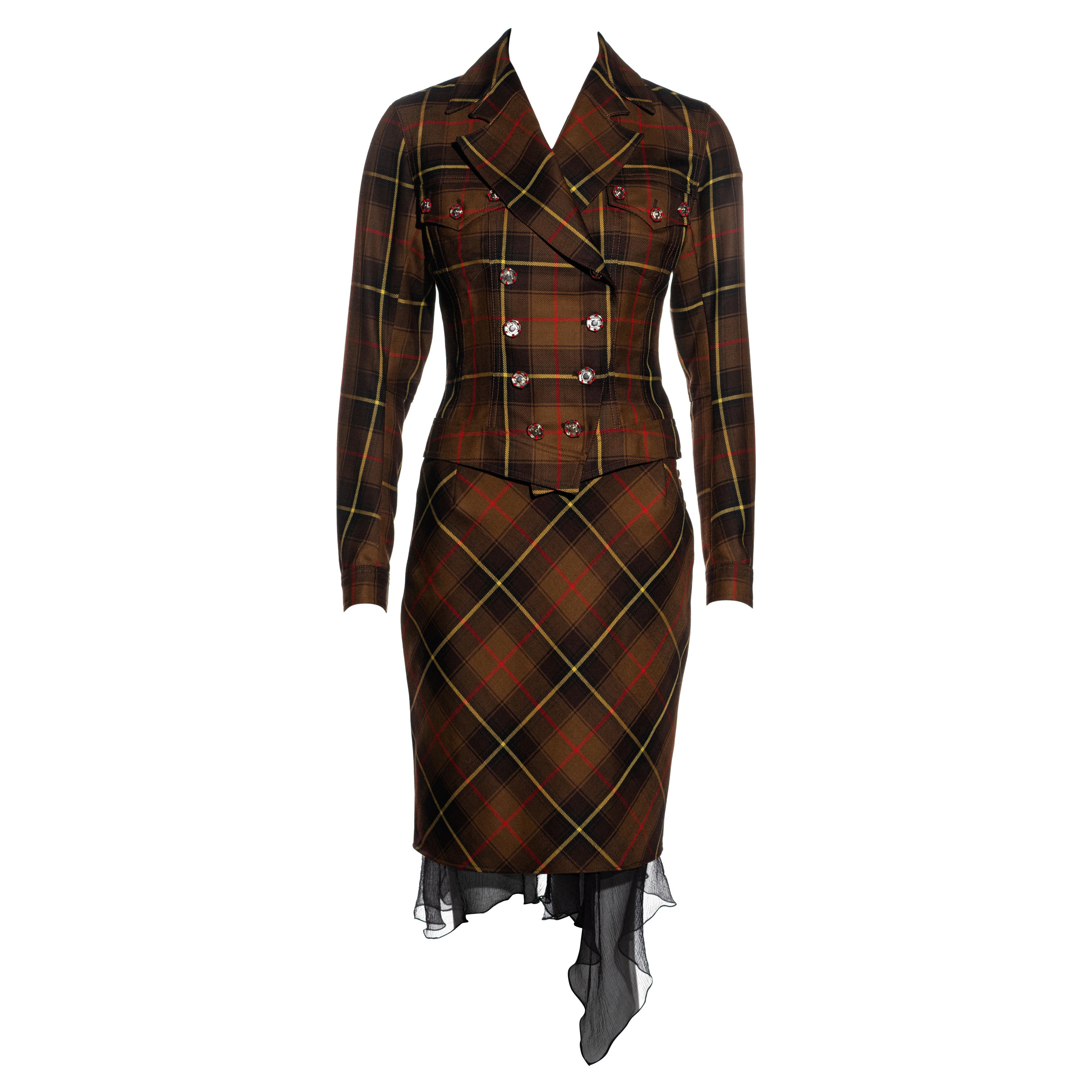 John Galliano brown tartan wool and silk jacket and skirt suit, fw 2001