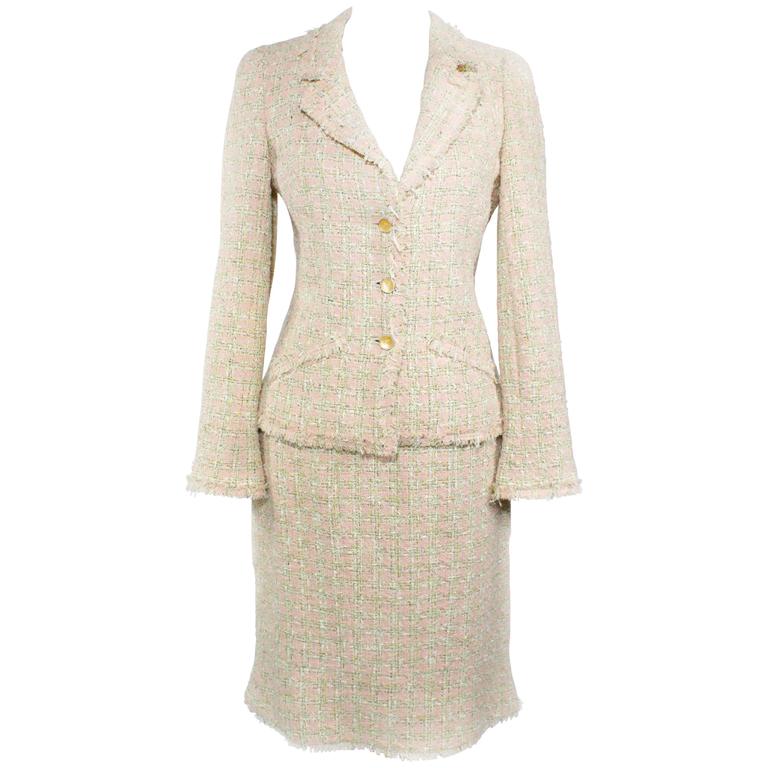 Chanel Pink Tweed Two Piece Blazer Jacket and Skirt Suit at 1stDibs