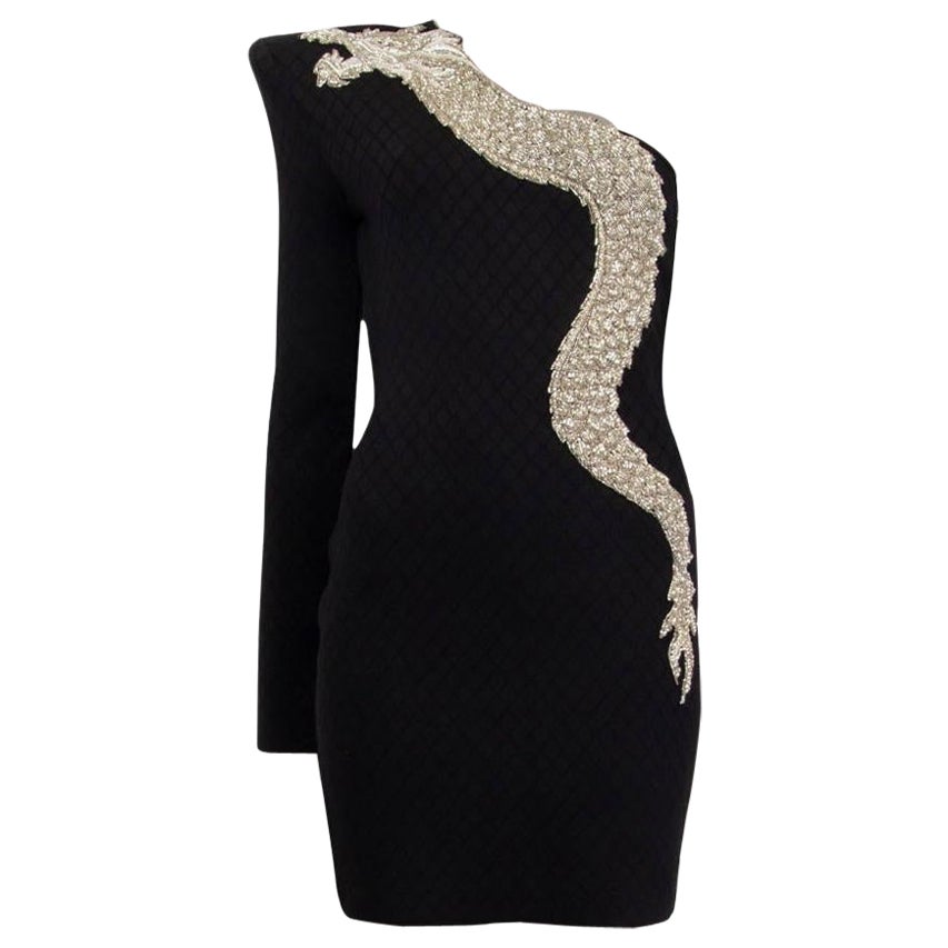 BALMAIN black viscose 2019 DRAGON ONE SHOULDER MINI Cocktail Dress 40 S