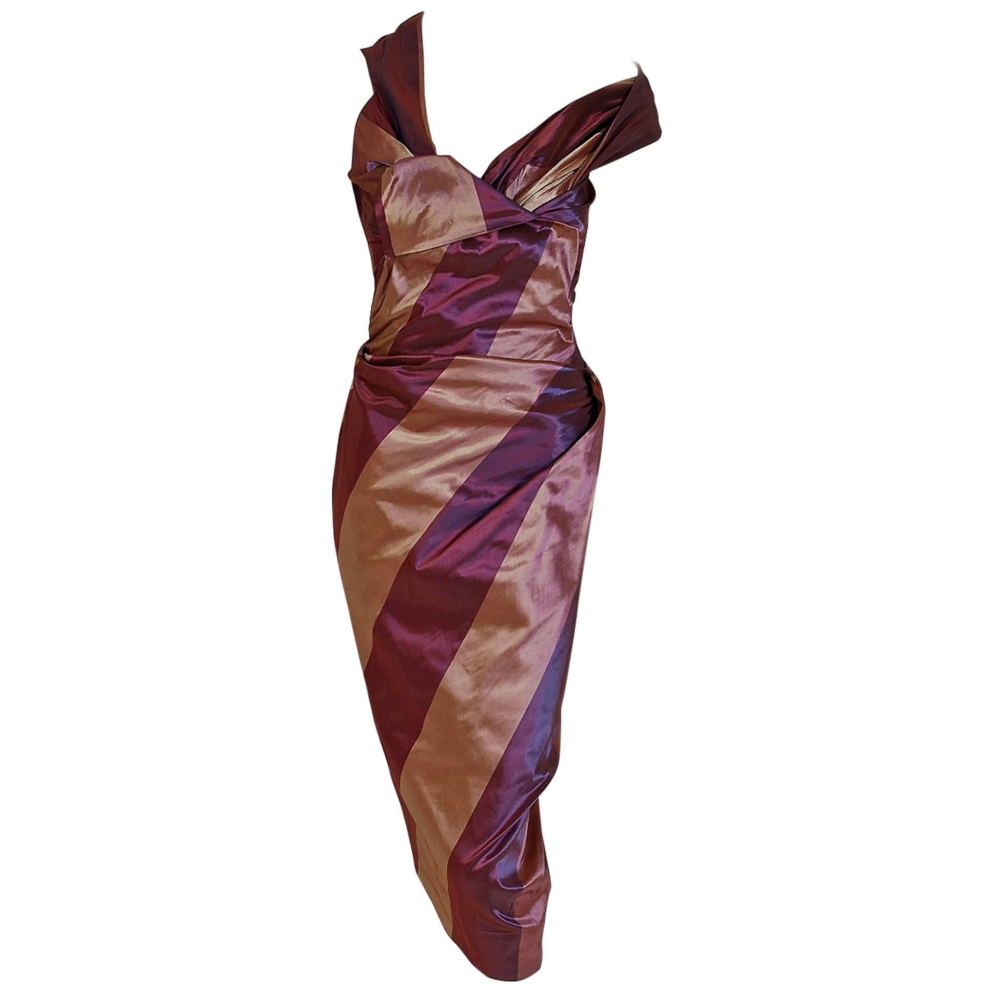1990's Vivienne Westwood Striped Silk Asymmetric Corset Sculpted Cocktail Dress